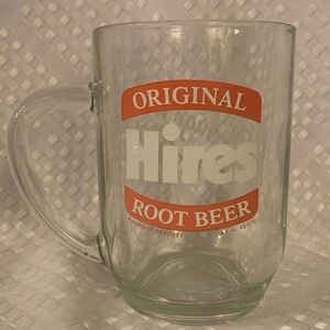 Vintage Original Hires Root Beer mug, clear glass, 5 inches tall with.